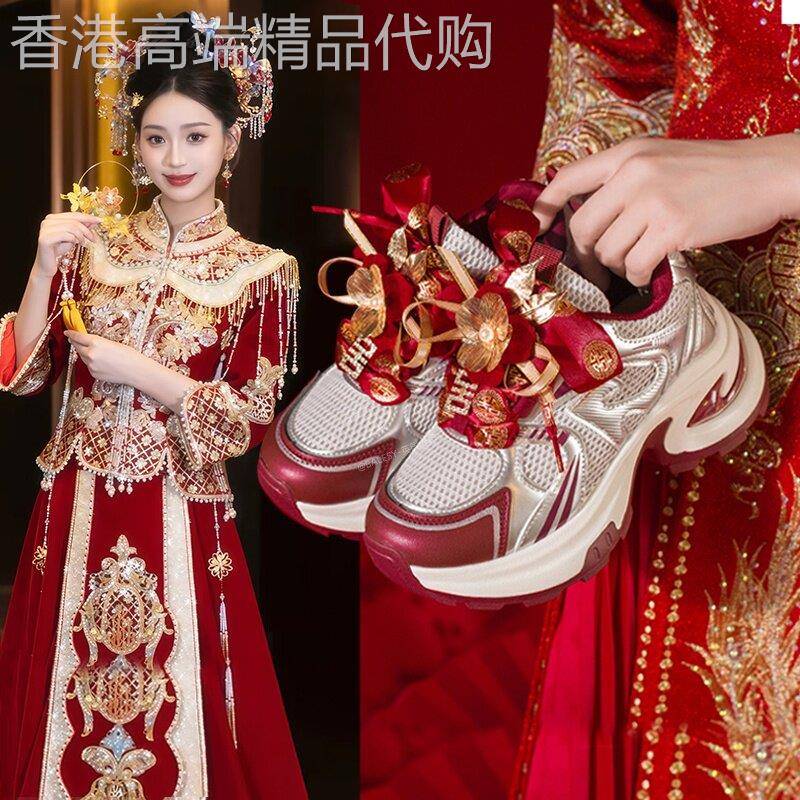 英国真皮厚底红色婚鞋女2026新款春季秀禾婚纱新娘鞋不累脚老爹鞋