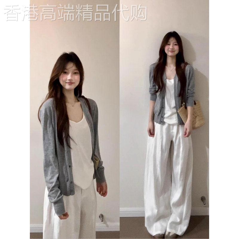 灰色冰丝针织开衫外套女款早春薄款小外搭配吊带防晒罩衫薄纱上衣