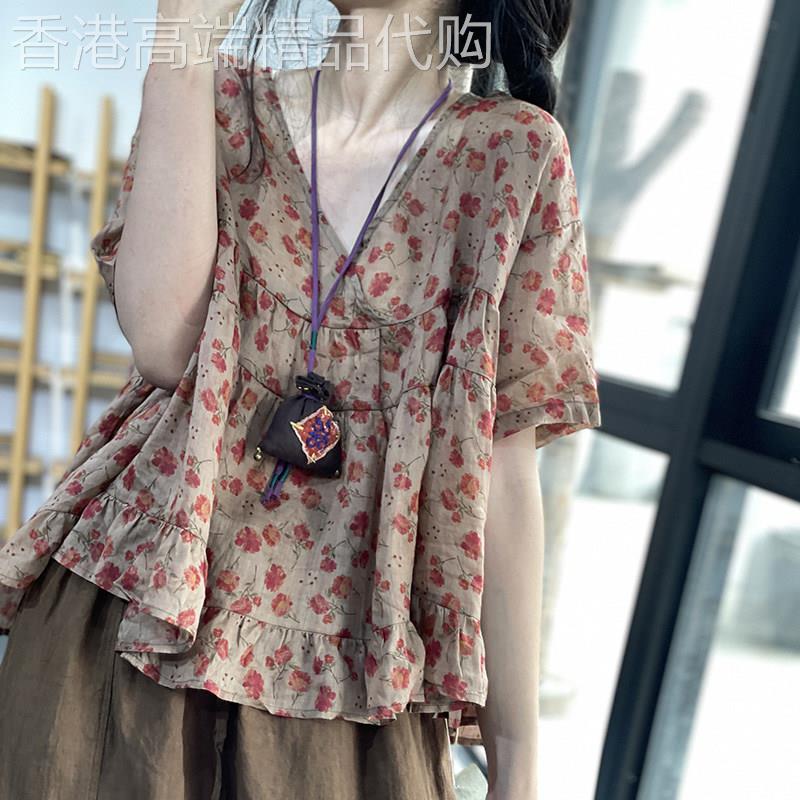 碎花衬衫女士短袖夏季薄款2025新款宽松大码设计感v领娃娃衫上衣