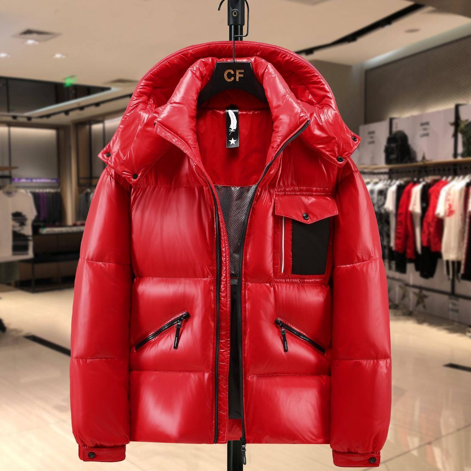 欧洲站！出口俄罗斯~潮牌冬季羽绒服加厚保暖亮面外套短款白鸭绒