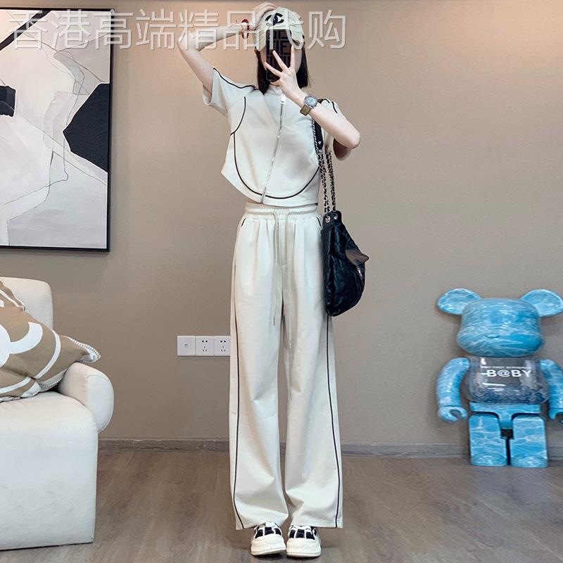 韩国高端休闲运动套装女夏装时尚网红炸街设计感短袖阔腿裤两件套