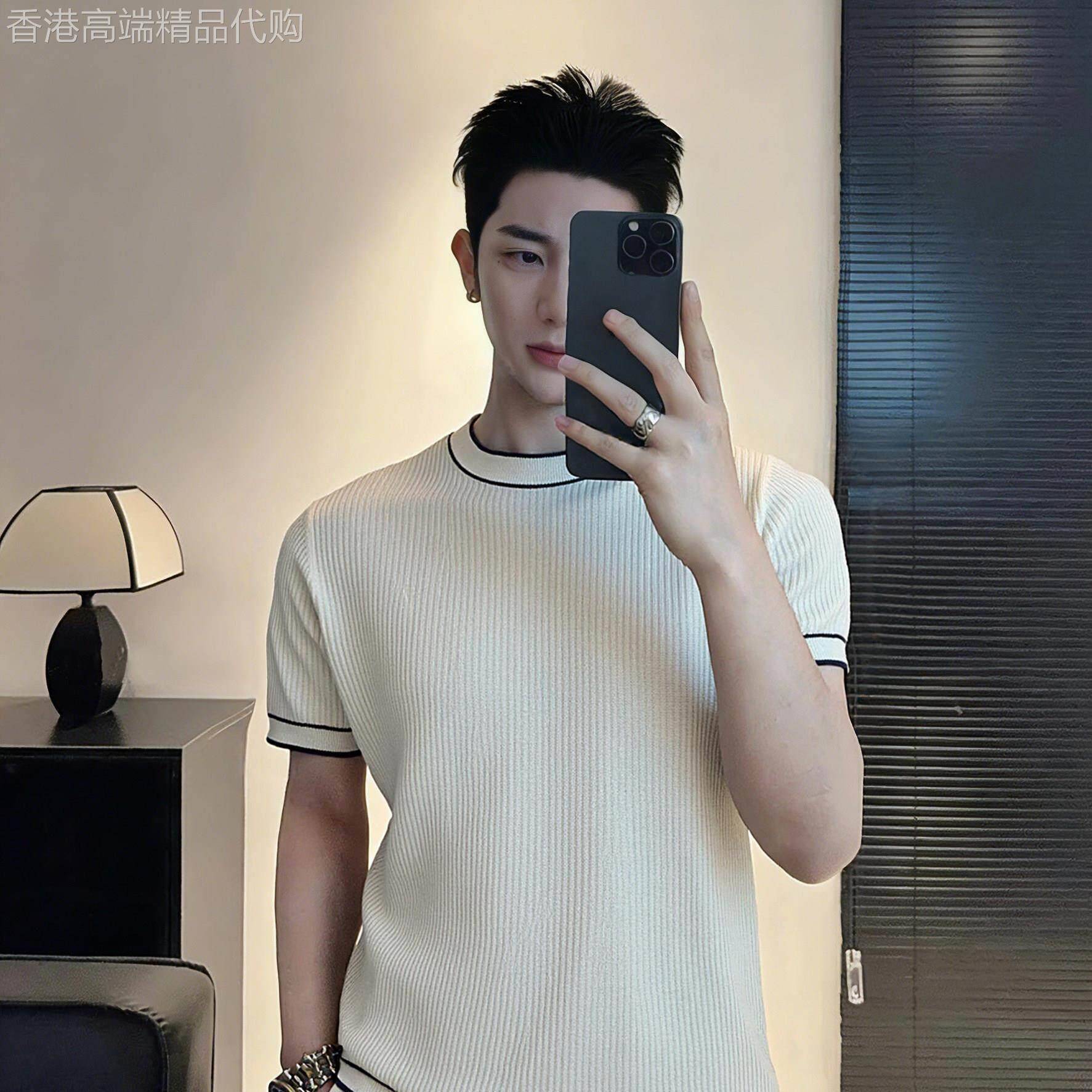 潮牌高级感冰丝撞色条纹短袖T恤男士夏季肌理感透气针织休闲上衣