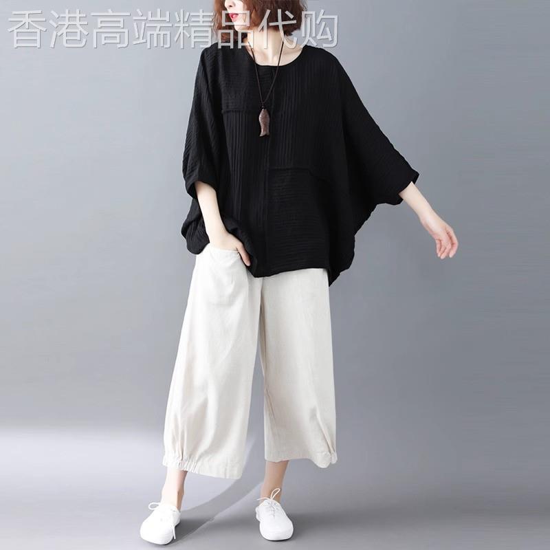 时尚休闲棉麻短袖T恤套装女夏季大码女装洋气宽松显瘦亚麻两件套