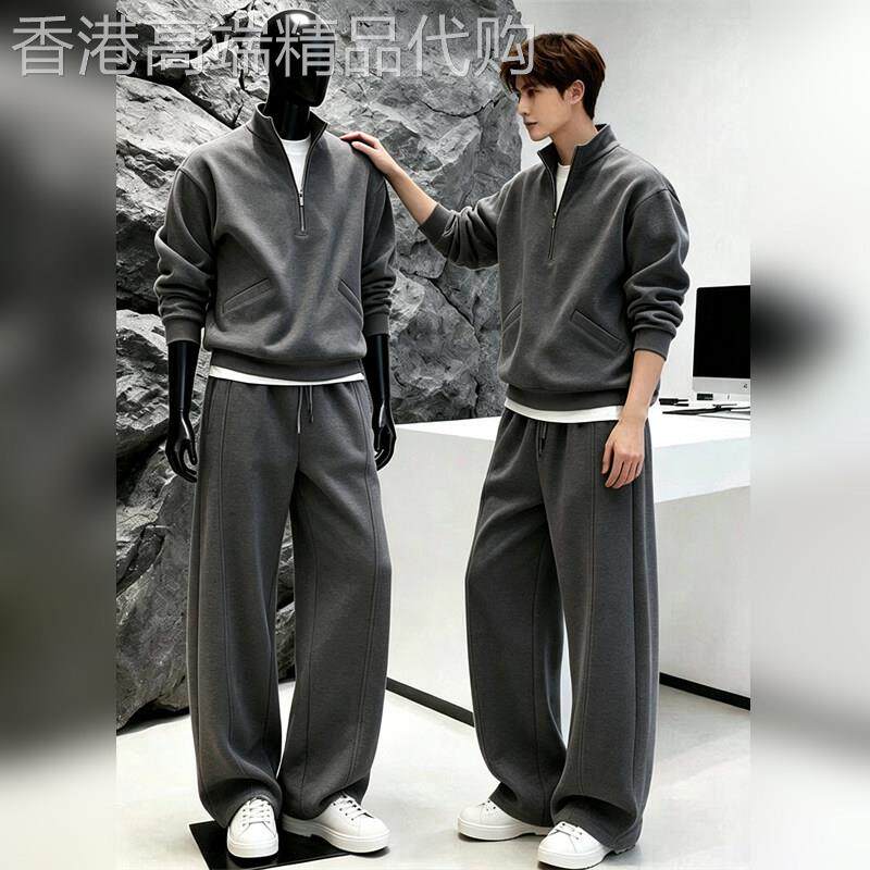 轻奢老钱风时尚休闲套装2026秋季男士简约立领假两件卫衣长裤套装