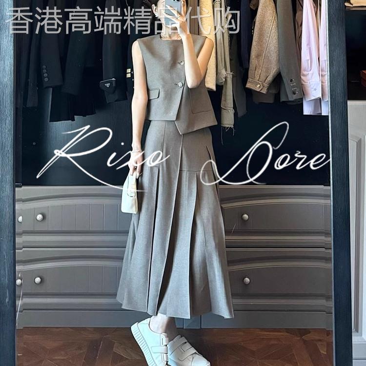 RIXO DORE法式复古棕色西装套装夏小众设计感马甲百褶裙两件套女