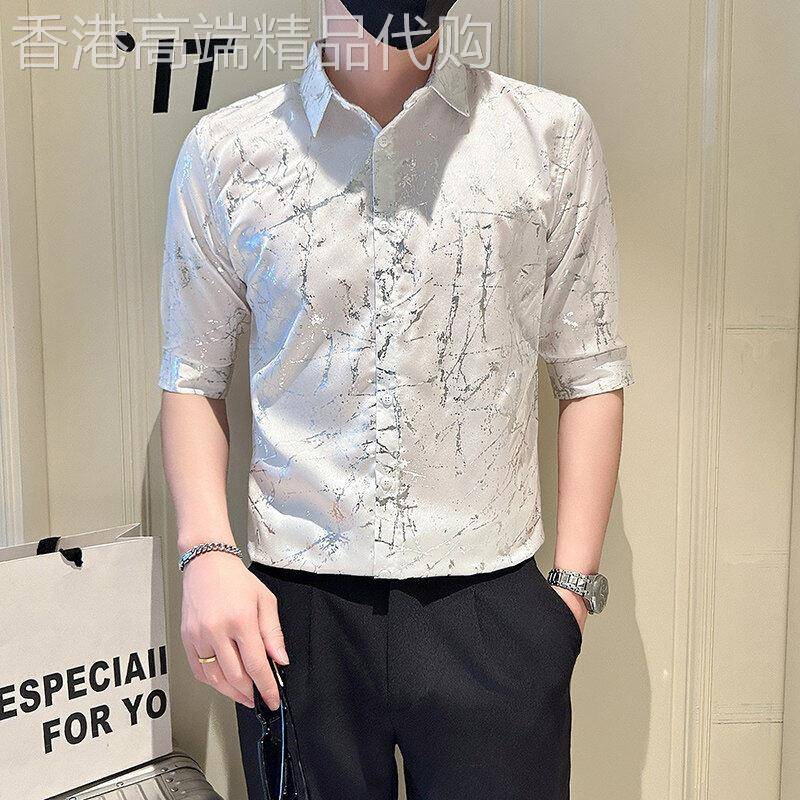 潮牌夏季新款男士港风时尚百搭七分袖烫金衬衫修身休闲短袖衬衣男
