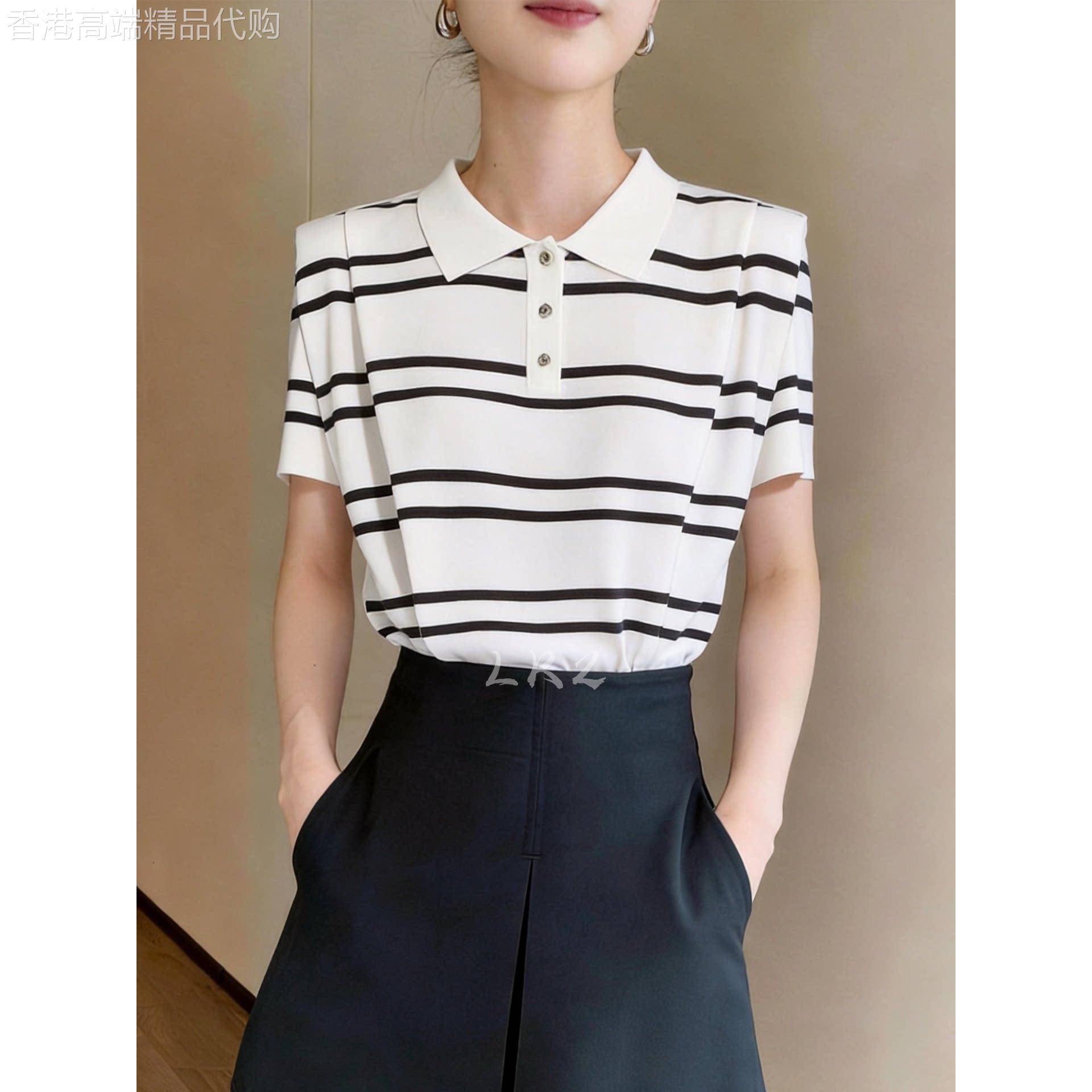 欧货翻领半开扣设计黑白条纹T恤女夏季新款休闲套头百搭短袖上衣