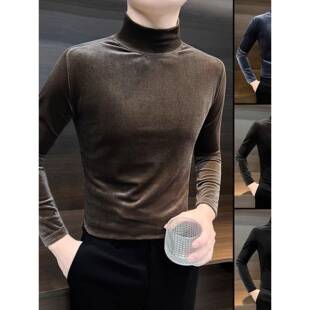 欧洲站金丝绒男士半高领打底衫秋冬新款中领修身内搭加绒男款上衣