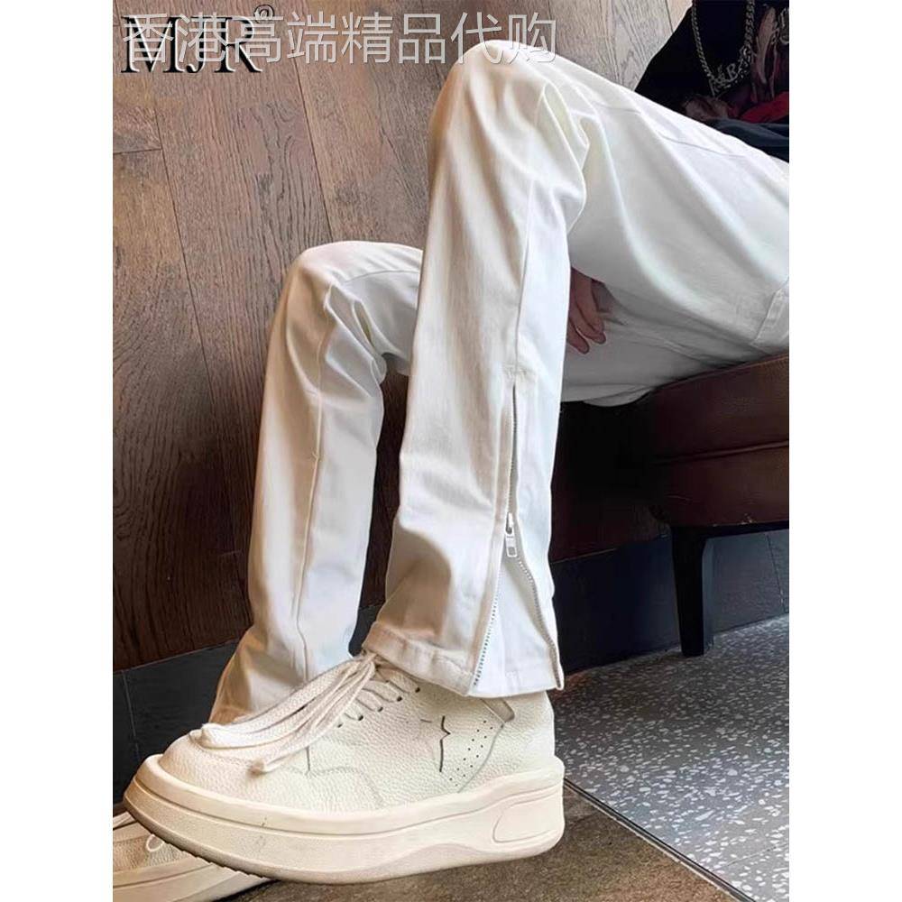 男士白色牛仔裤春款穿搭美式vibe裤潮牌痞帅男裤子拉炼微喇裤男款