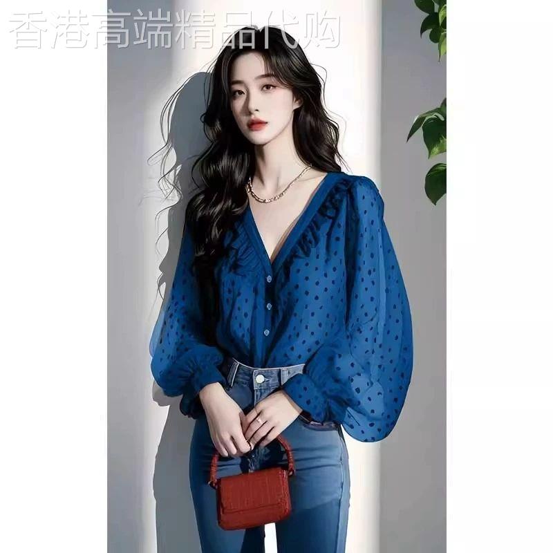 法式轻奢高级感蓝色波点真丝衬衫女2025年夏季新款显瘦荷叶边衬衣