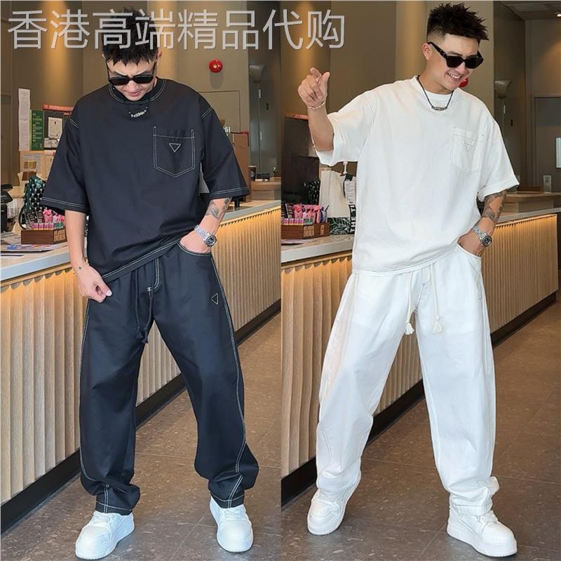 夏季薄款明线设计亚麻休闲套装男士宽松百搭透气圆领两件套时尚潮