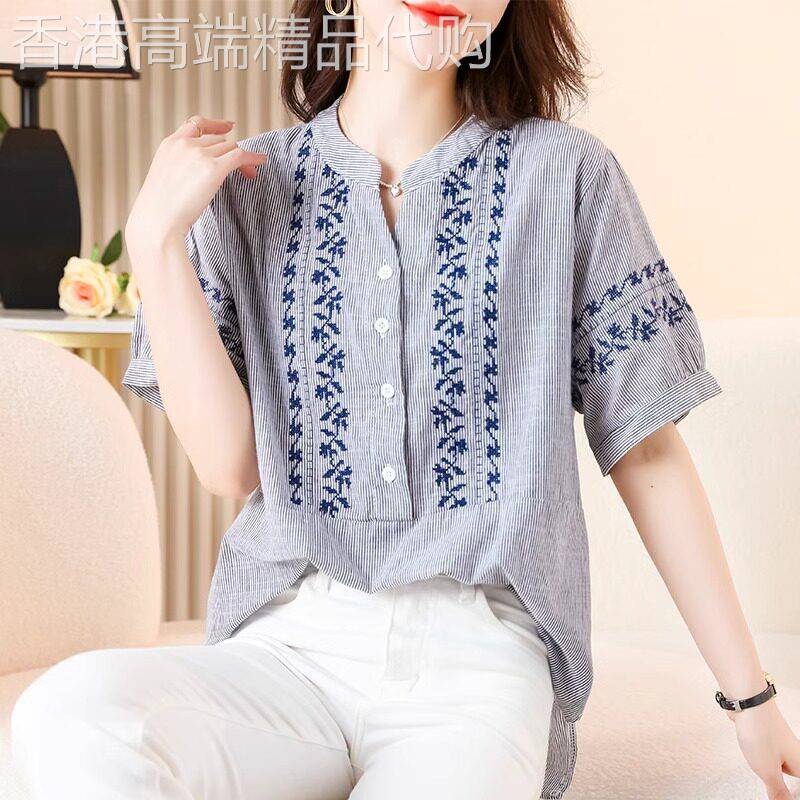条纹短袖衬衫女夏季新款设计感小众复古刺绣小衫女士半袖衬衣上衣