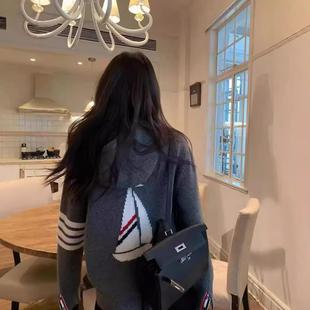 TB THOM秋冬款休闲拉链连帽长袖针织开衫四道杠后背帆船毛衣外套