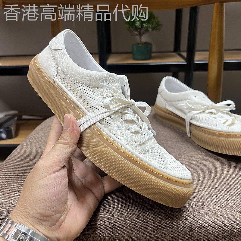 高级感透气真皮牛筋底休闲小白鞋男夏季新款打孔镂空简约厚底板鞋