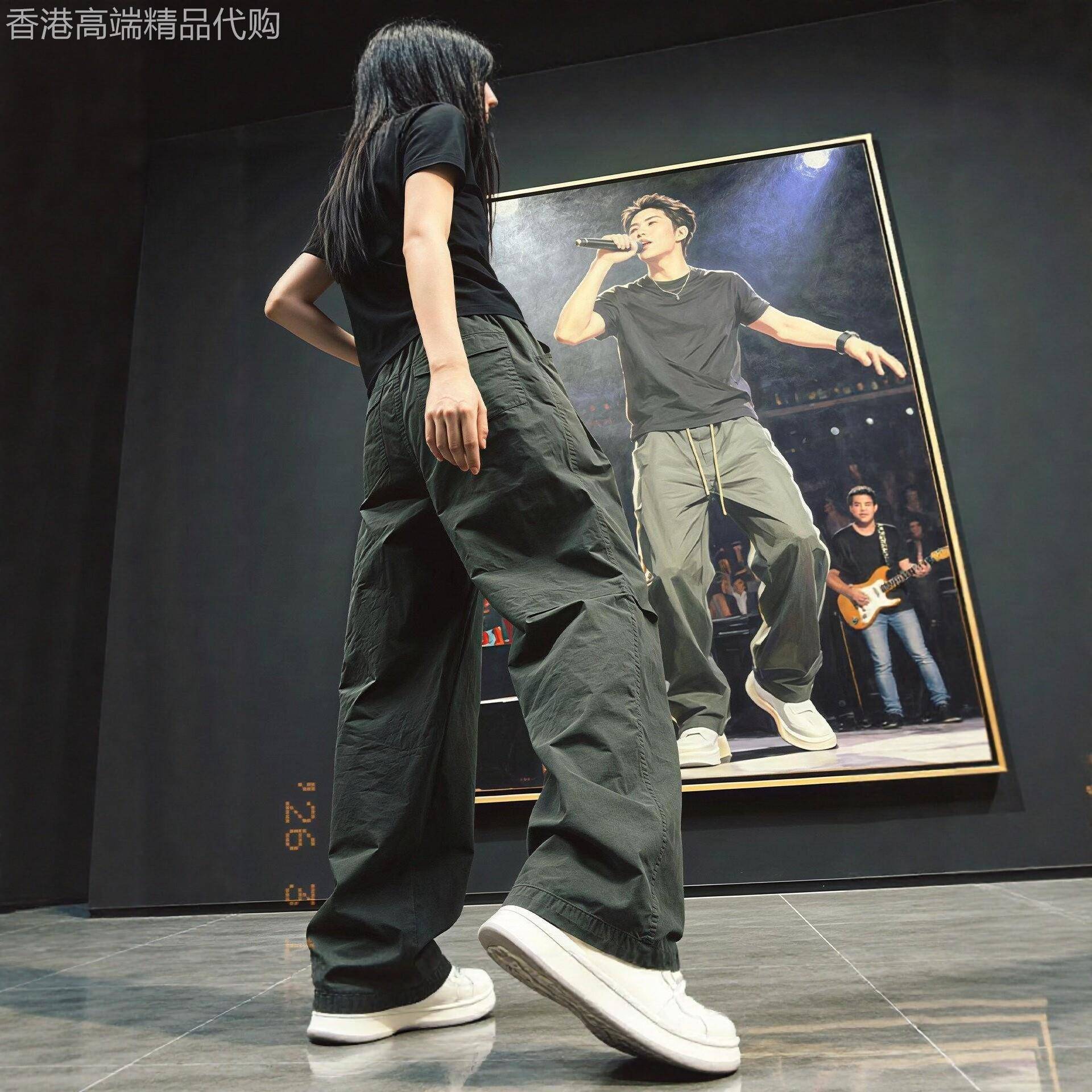 潮牌军绿色水洗工装裤男款夏季高级感痞帅弯刀裤子直筒宽松休闲裤
