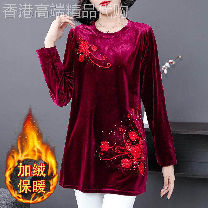 中老年大码女装中长款金丝绒绣花圆领加绒加厚妈妈民族风打底长袖