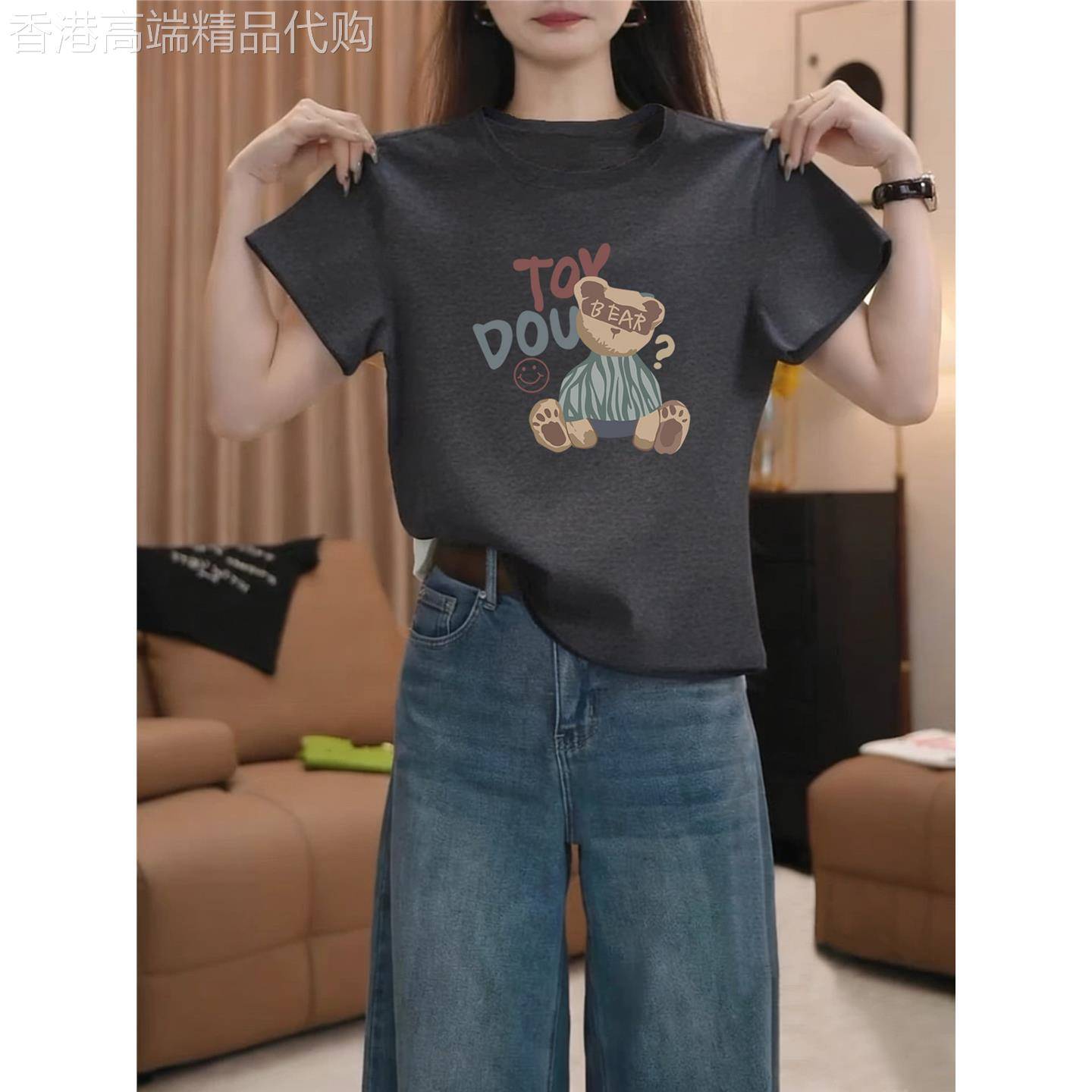 深灰色正肩纯棉短袖t恤女夏季2026新款时尚印花显瘦体恤衫上衣潮
