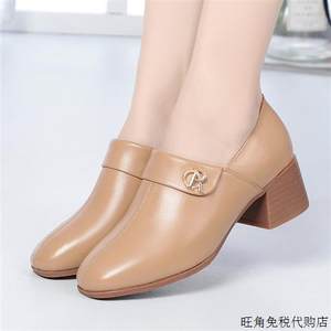 春秋季新款女鞋韩版时尚皮鞋粗跟深口圆头中年妈妈鞋柔软舒适单鞋