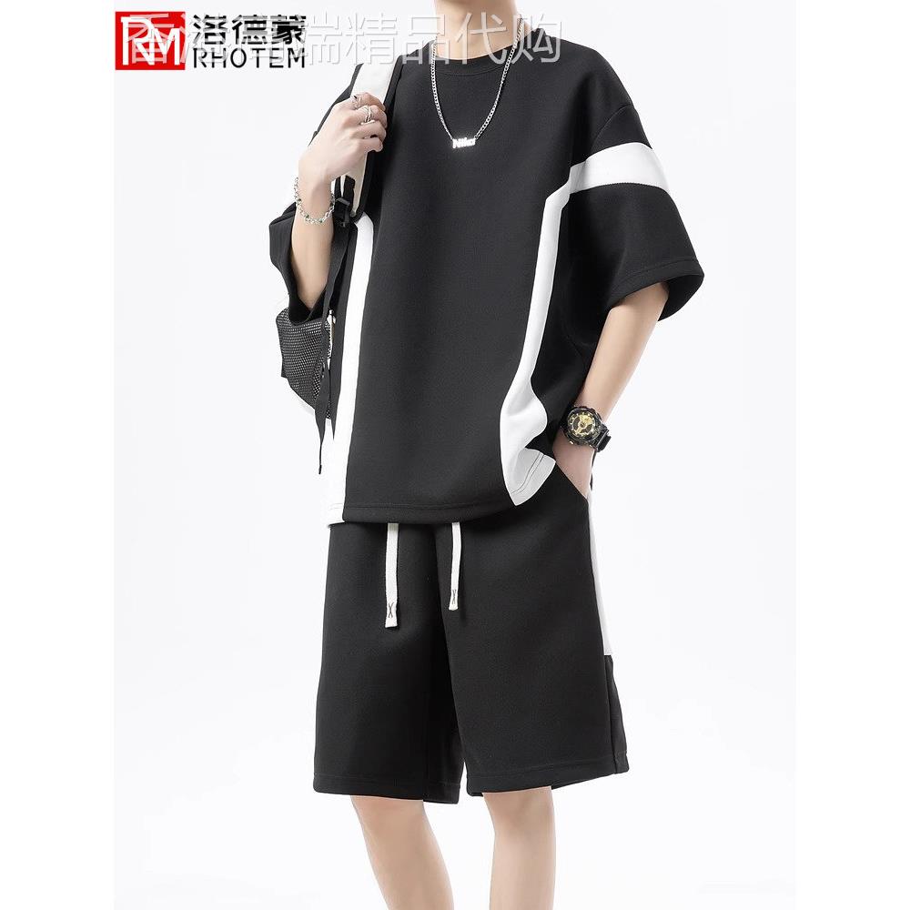 洛德蒙夏季时尚休闲男士套装圆领 T恤外出居家潮流短袖短裤两件套