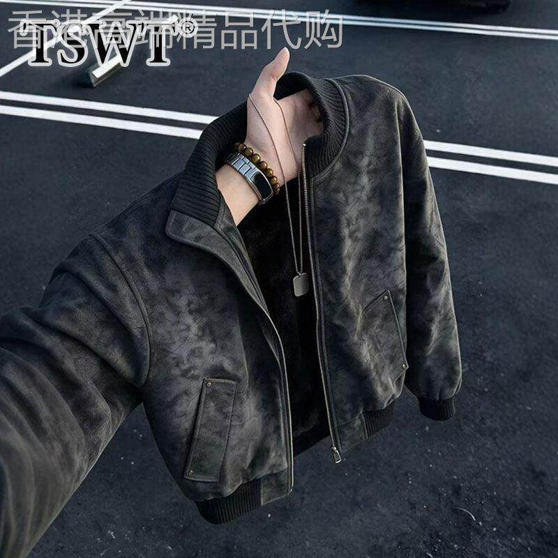 高端黑色加绒保暖棉服男款冬季美式扎染短款皮衣夹克外套男士棉衣