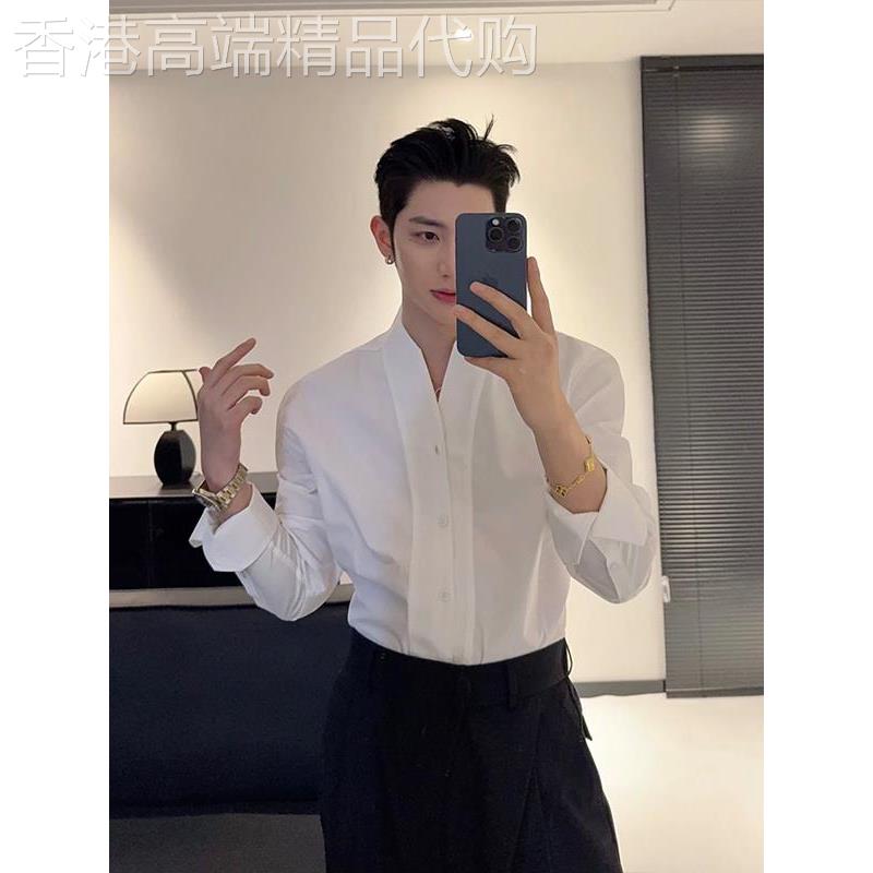 潮牌高级感法式V领垫肩白色长袖衬衫雅痞风西装内搭修身衬衫男款