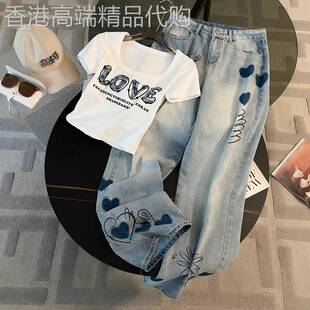 欧洲站休闲运动套装女2026新款夏季辣妹短款白短袖T恤阔腿牛仔裤