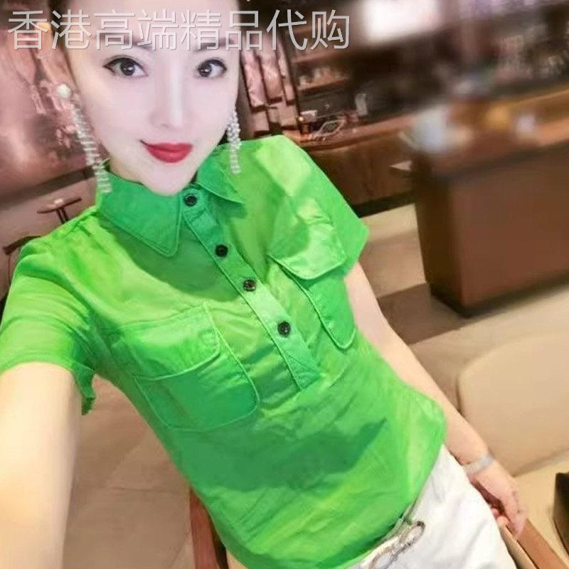 绿色翻领短袖衬衫女夏季欧货2025新款洋气显瘦时尚彩色薄款上衣