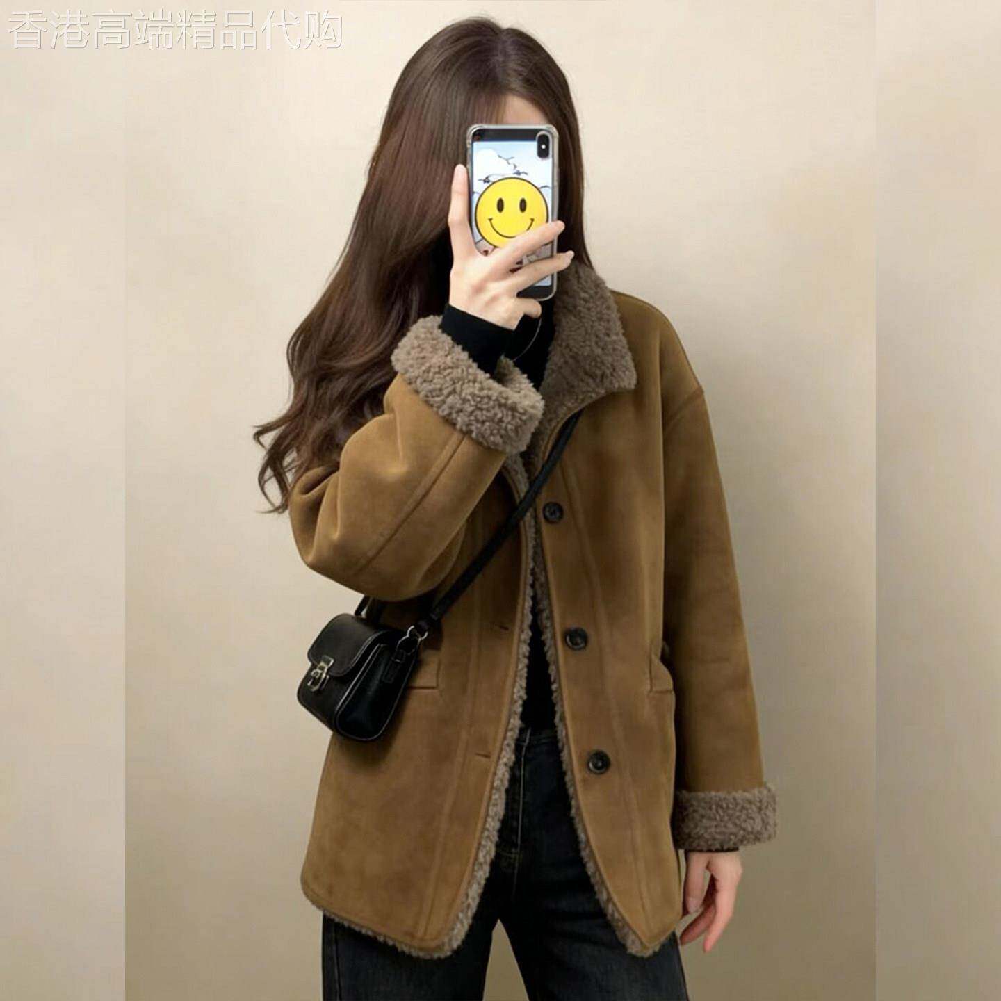 女装2025新款棕色皮毛一体加绒加厚中长款小香风羊羔毛外套女冬季