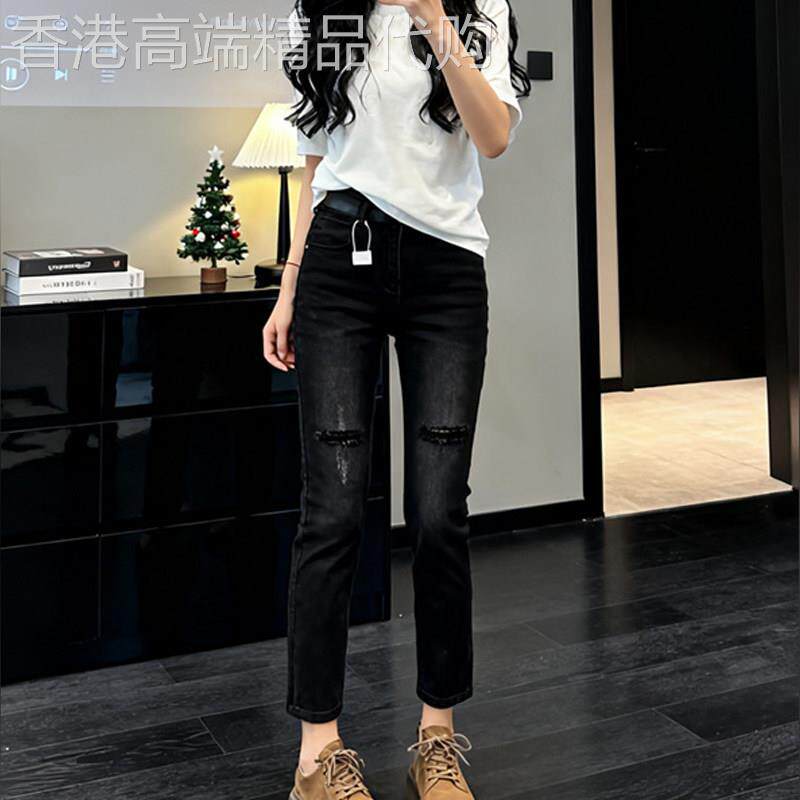 潮牌假破洞直筒牛仔裤女春季新款大码胖mm修身弹力显瘦九分烟管裤