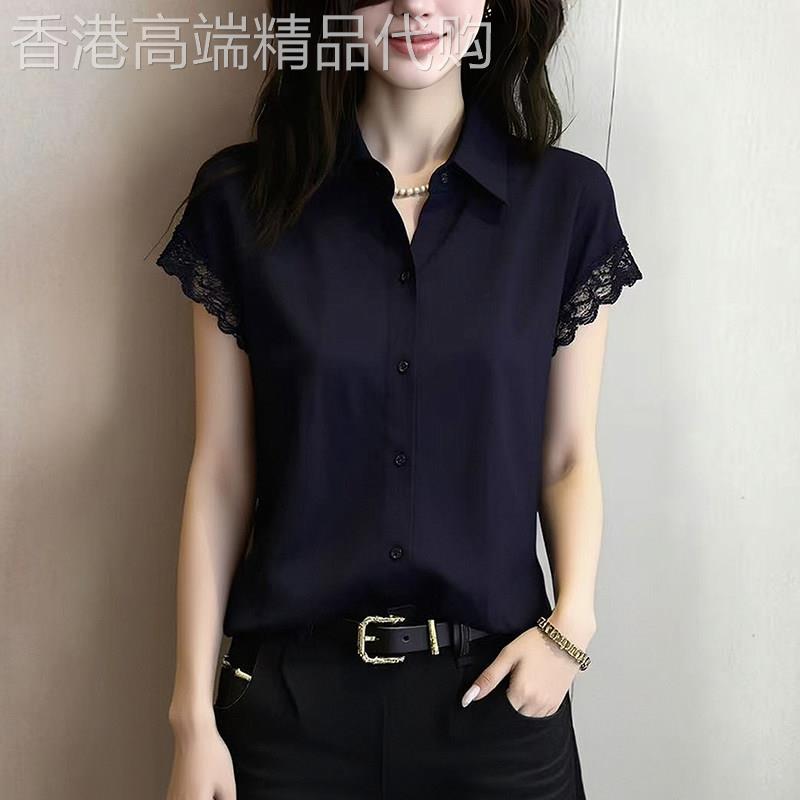 黑色短袖衬衫女2026夏季新款洋气减龄宽松显瘦设计感蕾丝袖上衣