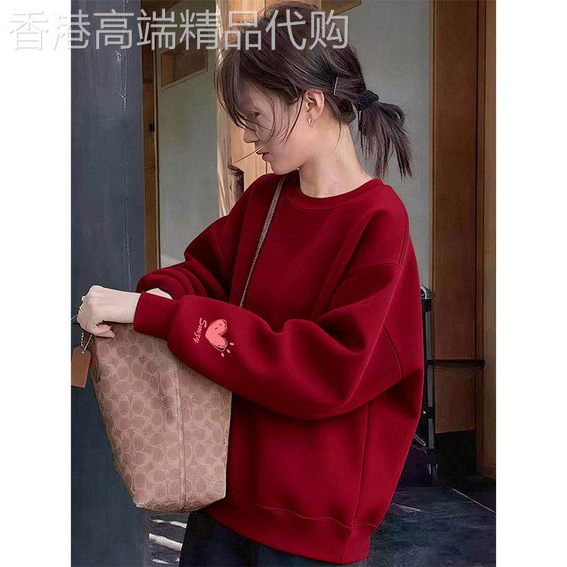 安可拉红圆领卫衣女士新款春季穿搭加绒加厚2026新款爆款宽松上衣