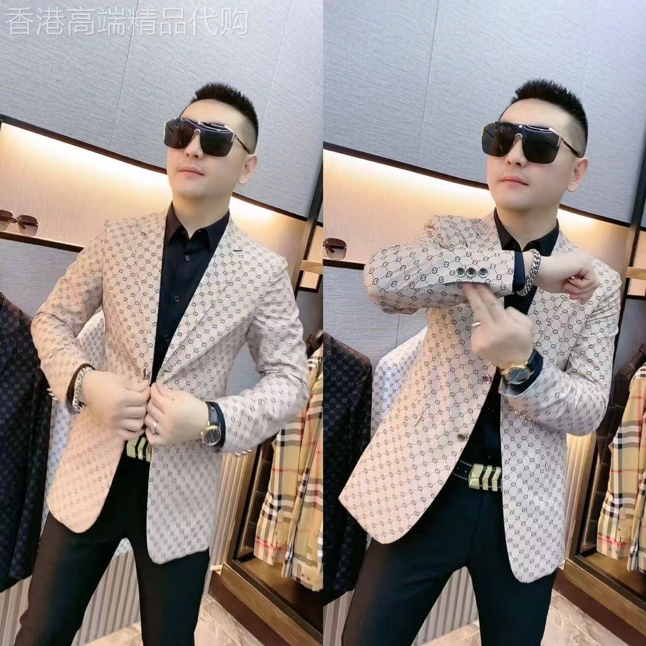 2016欧货秋季男款黑色西服上衣时尚印花礼服男春季休闲西装外套男
