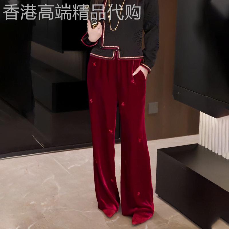 红色重工钉珠丝绒休闲裤女2026春季爆款高腰显瘦优雅轻奢阔腿裤
