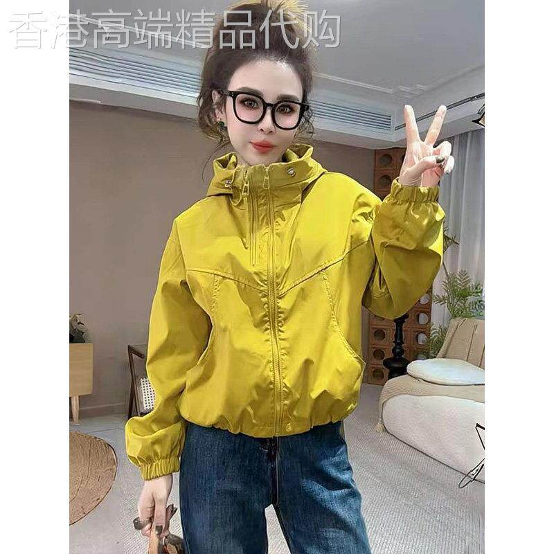 黄色短款连帽双拉链冲锋衣外套女春秋欧货修身显瘦短款夹克上衣