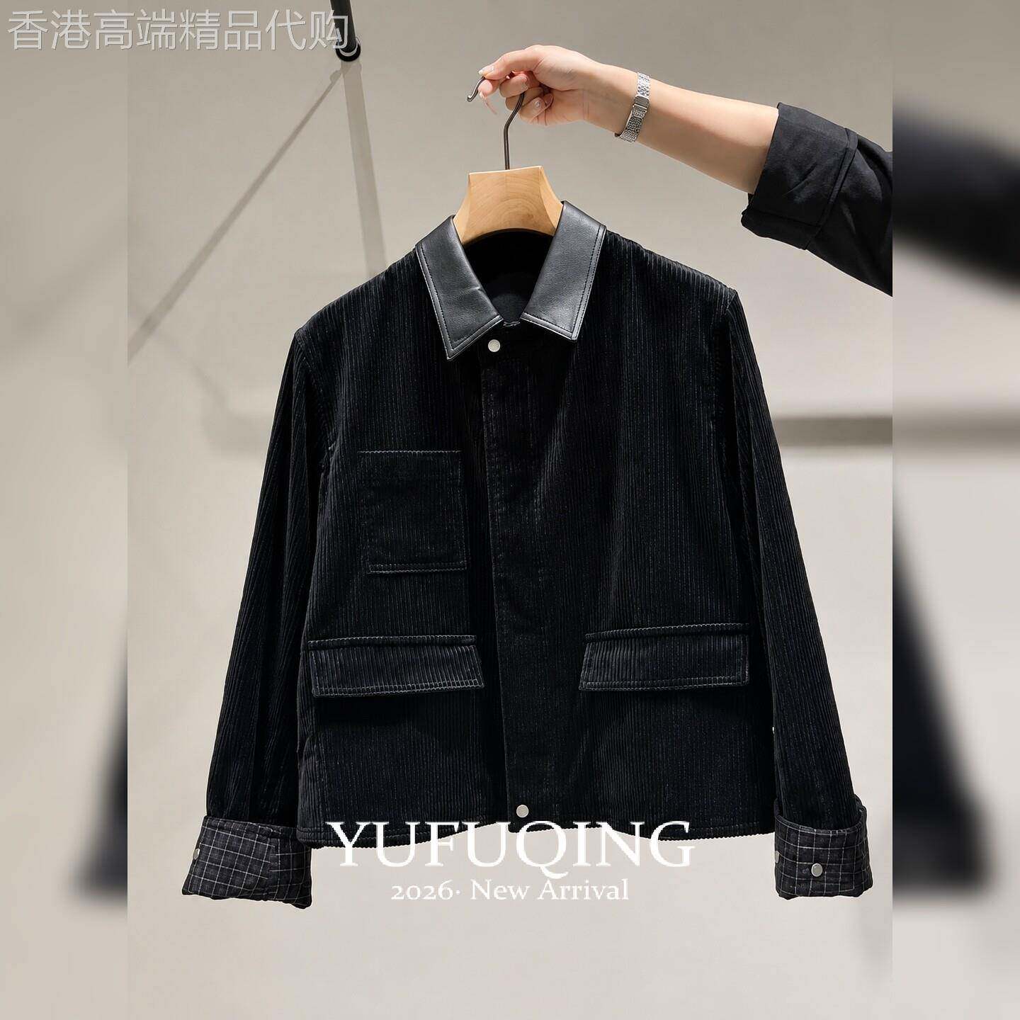 秋季复古工装风黑色灯芯绒翻领短款夹克外套女款长袖休闲通勤百搭