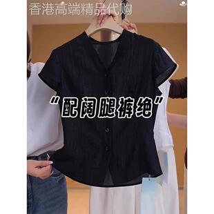 欧洲黑色短袖衬衫，女子夏季瘦2025新热风格时尚西式衬衫腰身修身