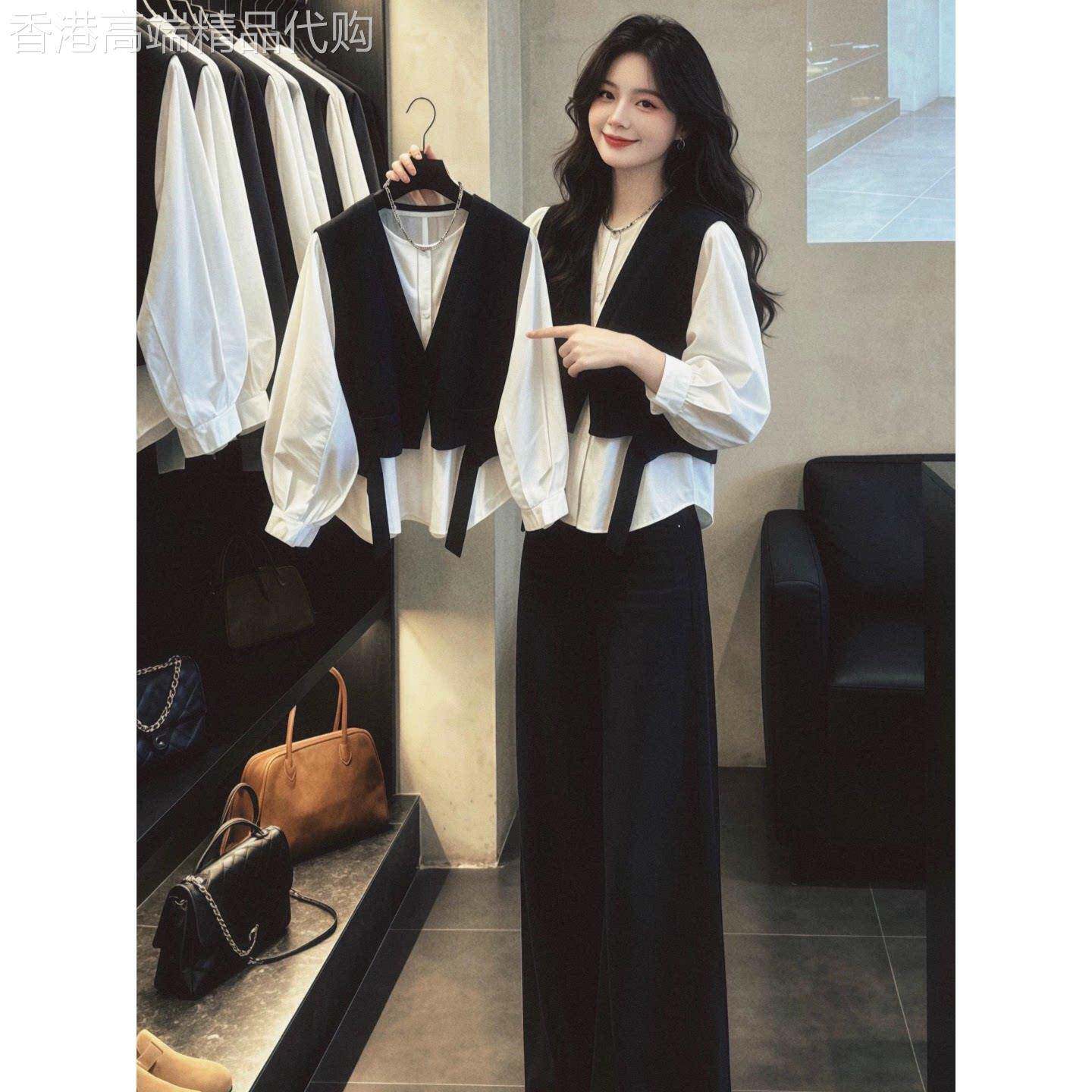 高级感马甲衬衫假两件套女款春秋季大码宽松气质独特别致叠穿上衣