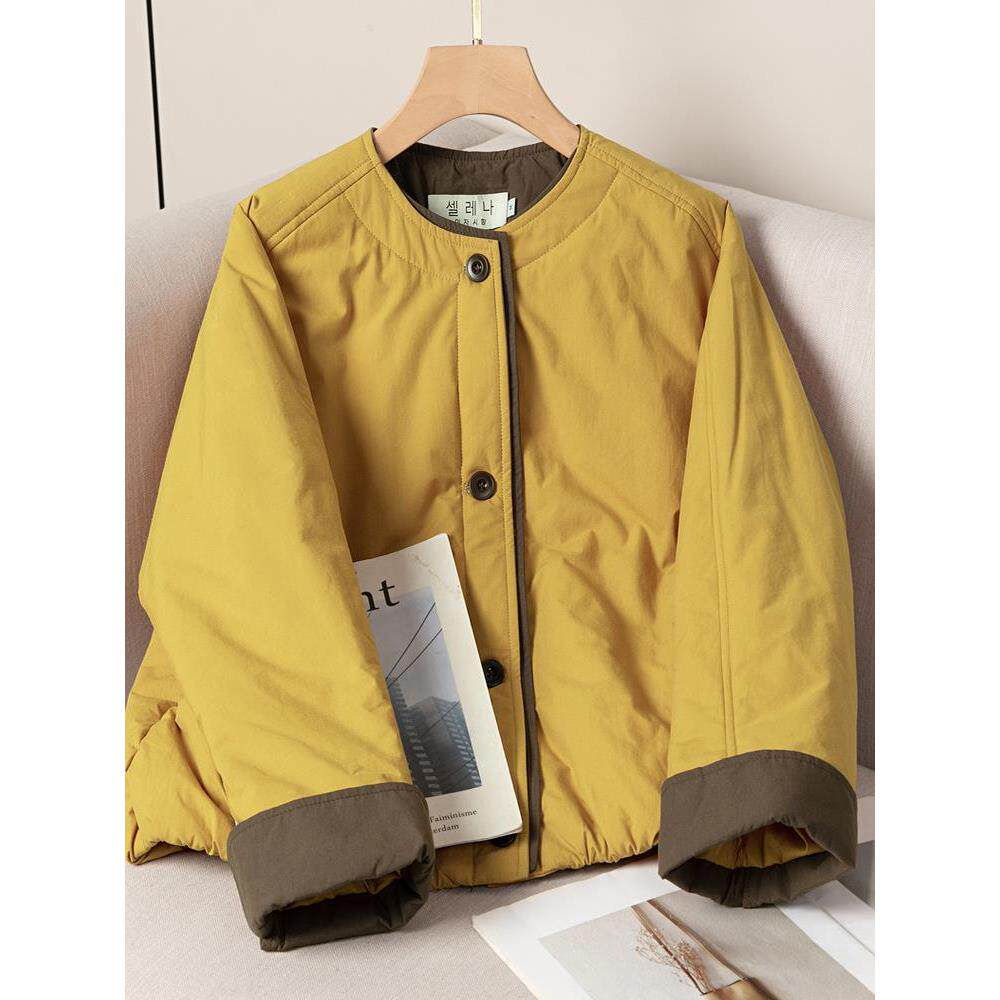 韩版新款撞色拼接单排扣夹棉外套女时尚宽松短款棉服休闲显瘦上衣