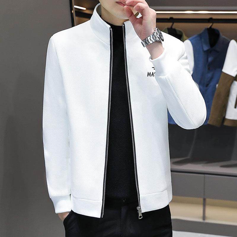 白色立领简约外套男士2024春季新款韩版潮流帅气修身夹克开衫上衣
