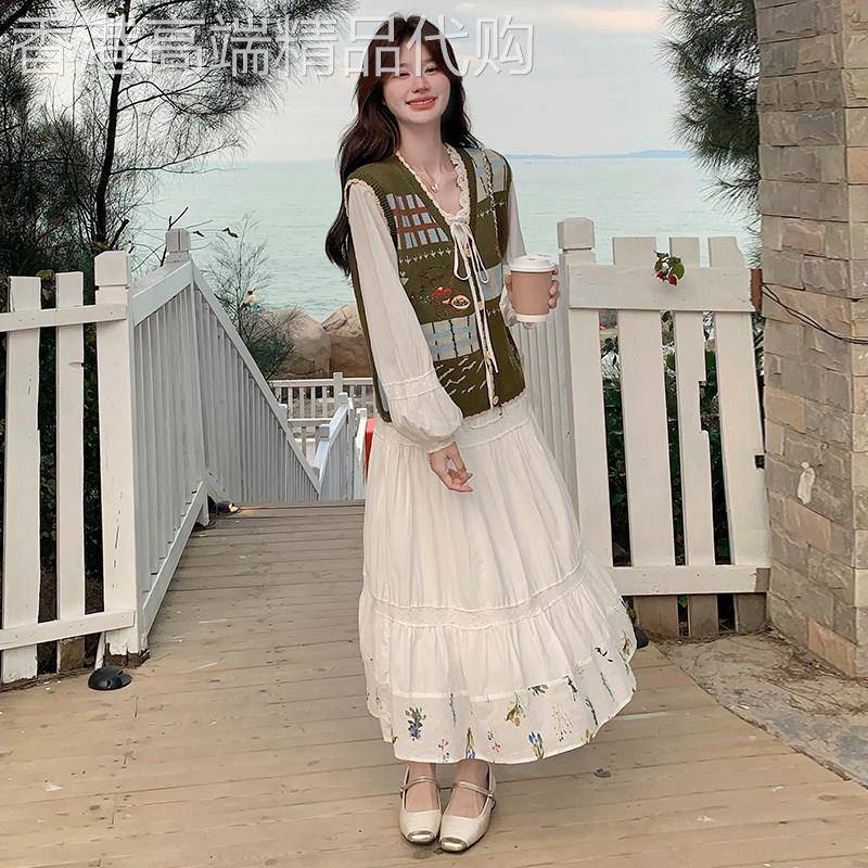 米白色法式温柔风长袖洋装套装女2026春森系针织马甲长裙两件套