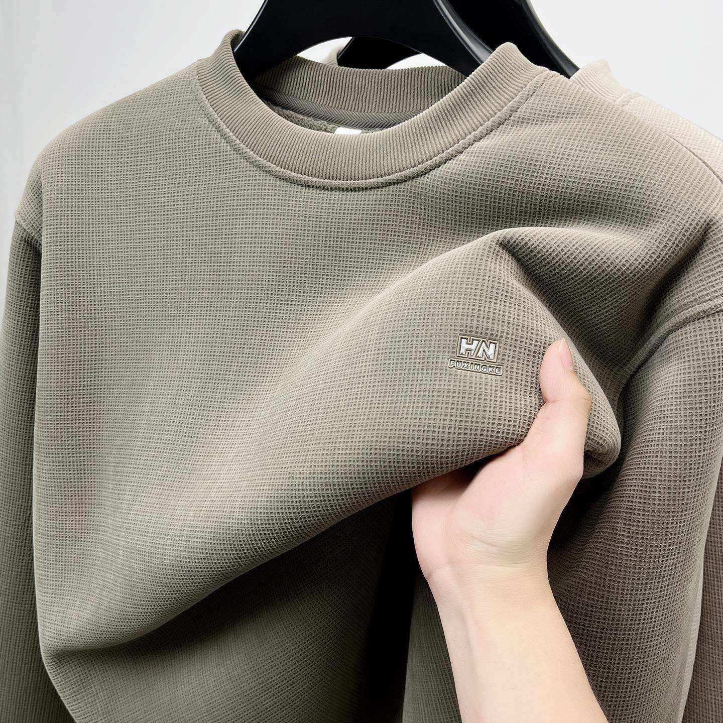 MAROLIO~高端超厚华夫格男士保暖卫衣圆领加绒加厚冬季内搭打底衫