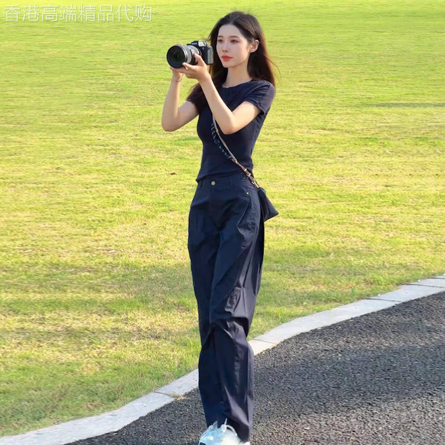休闲运动套装女夏季洋派显瘦正肩T恤速干工装裤薄款跑步服两件套