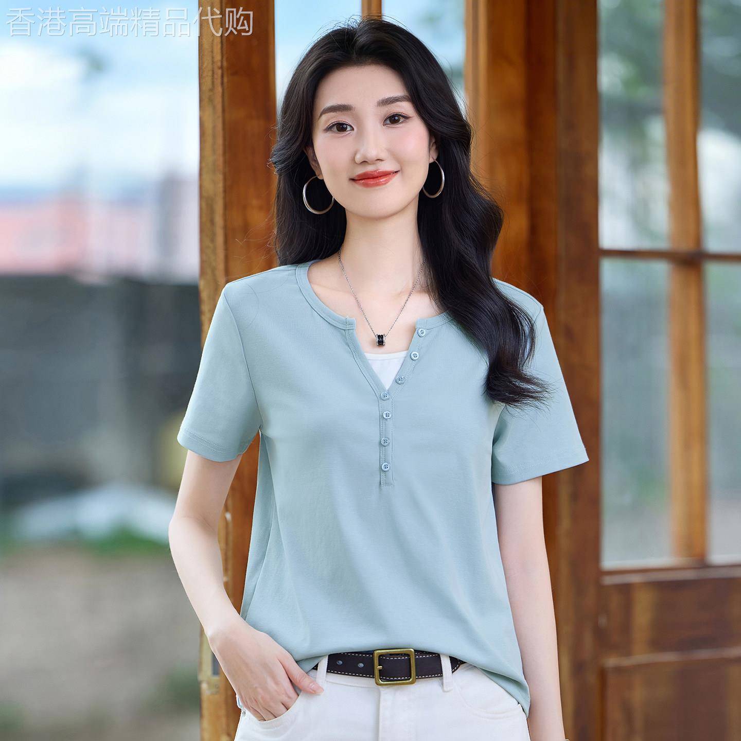 蓝色V领假两件钮扣短袖t恤女2026夏季新款正肩显瘦大尺码T恤上衣