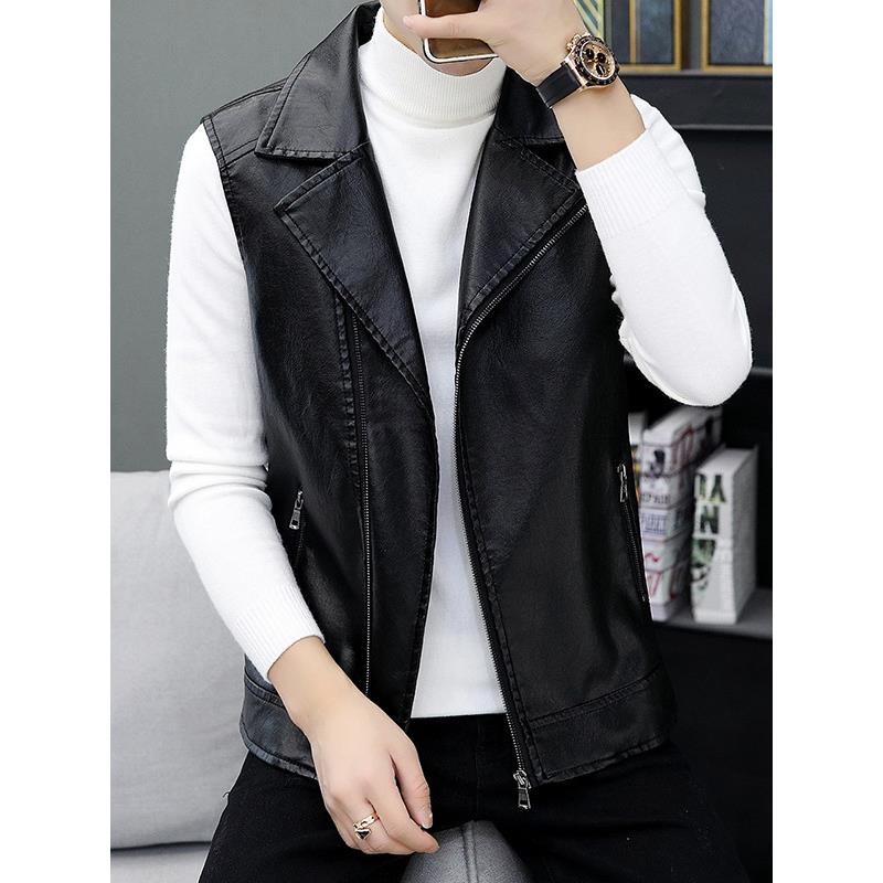 秋季新款男士绵羊皮皮衣韩版潮流外搭无袖超ins加绒真皮马甲外套