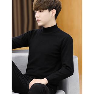 男士毛衣半高领秋冬季修身内搭百搭针织打底衫纯黑色中领潮流线衣