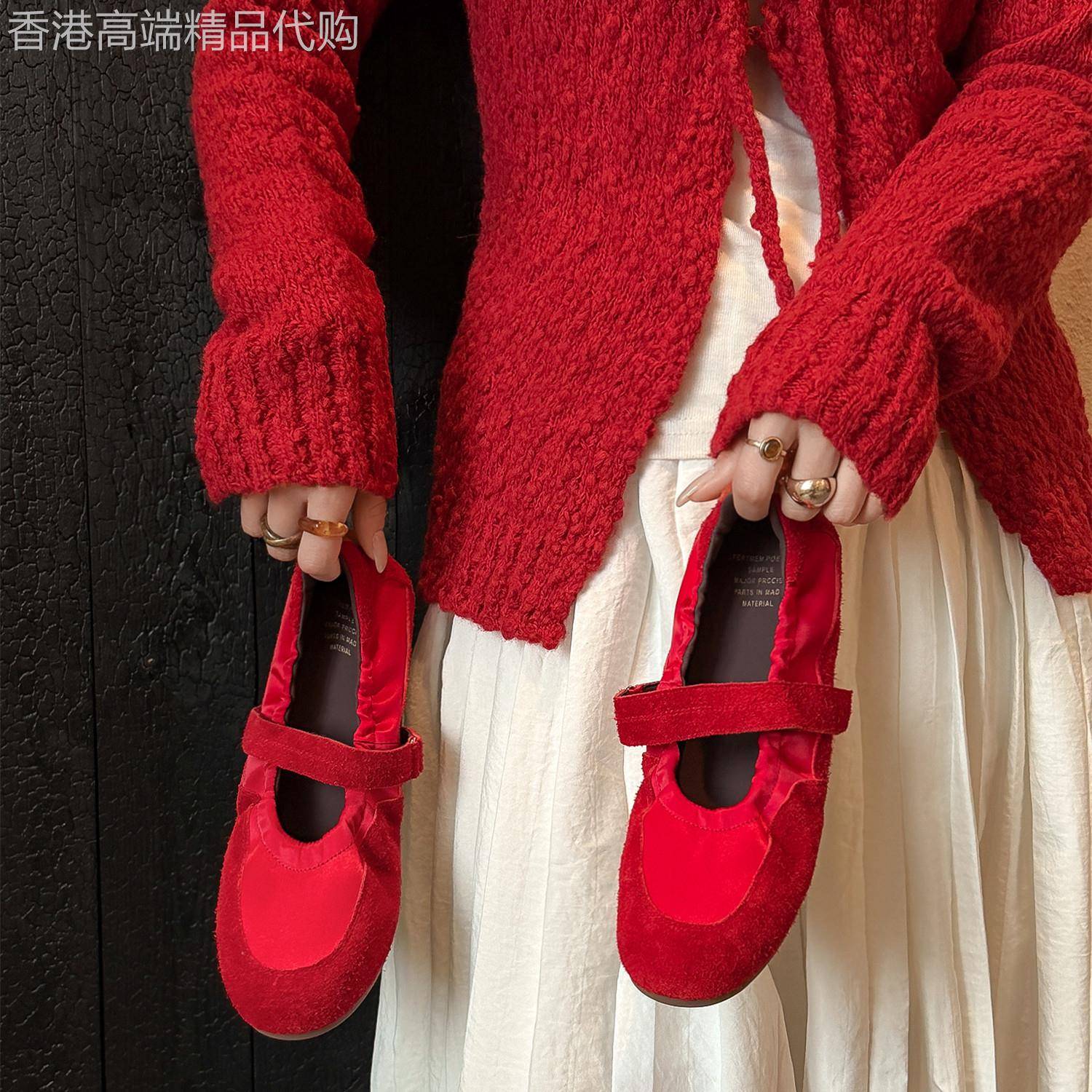 穿搭博主!韩版红色圆头内增高玛丽珍鞋女款运动底魔术贴浅口单鞋
