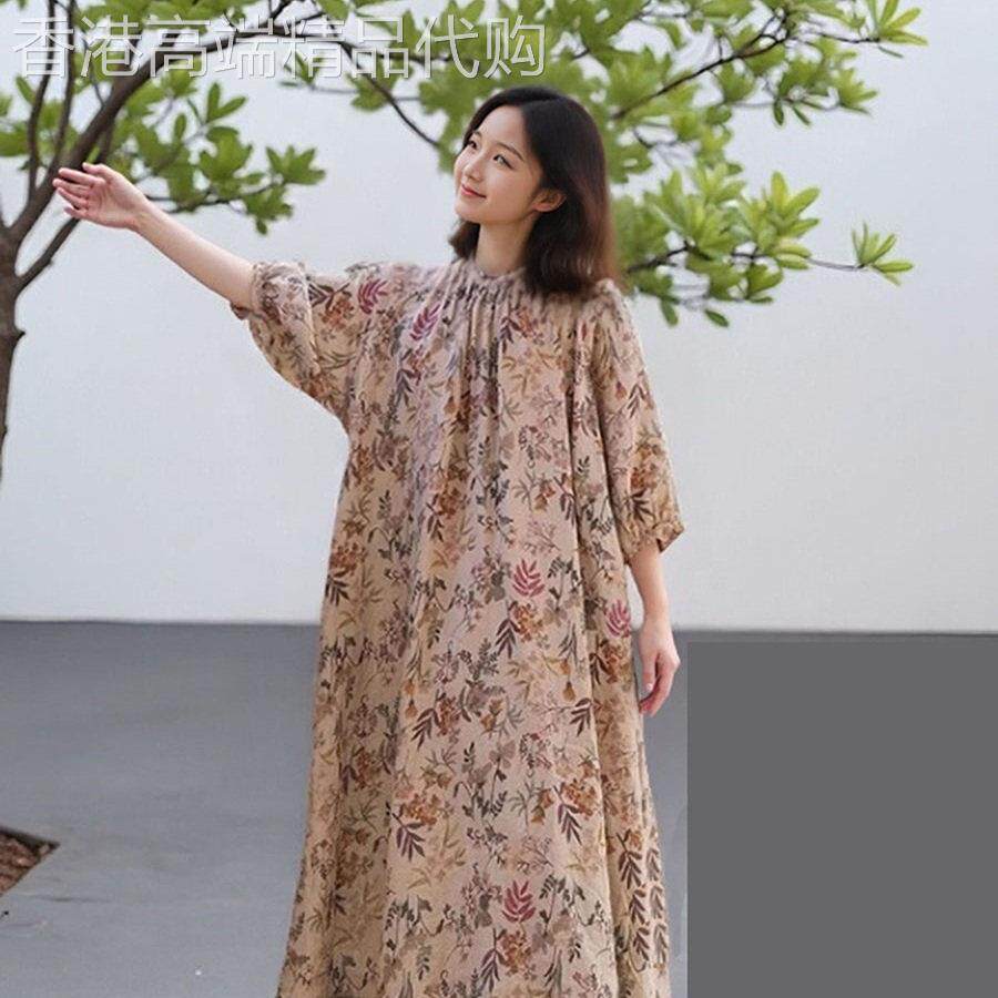 2026春夏新款高端100%纯亚麻雨露麻文艺复古连衣裙宽松显瘦长裙子