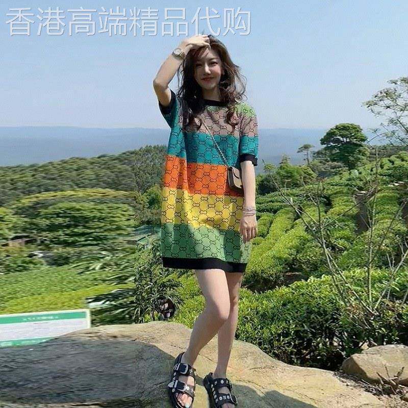 条纹针织连衣裙女夏2026欧货彩虹拼色休闲宽松显瘦高级感t恤长裙