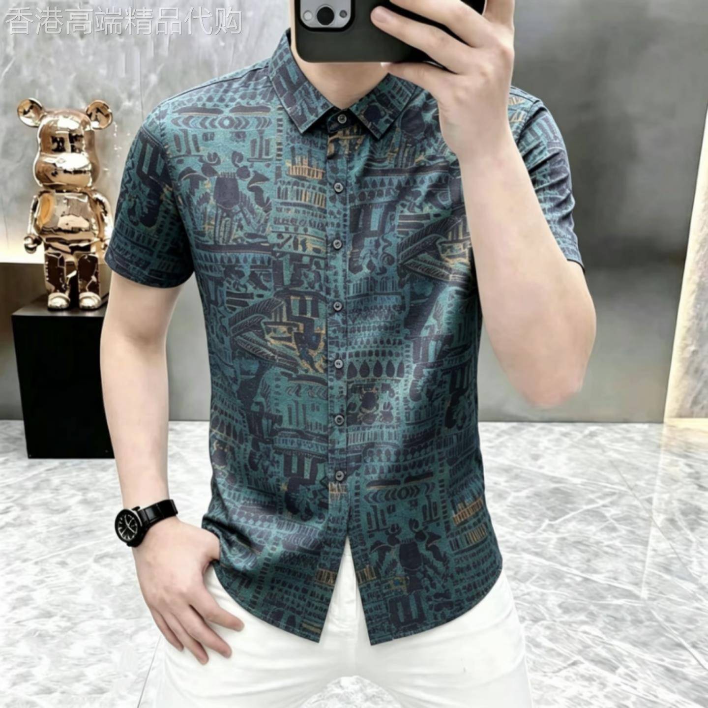 潮牌翻领修身短袖印花衬衫男士夏季薄款凉感设计感休闲风透气衬衫