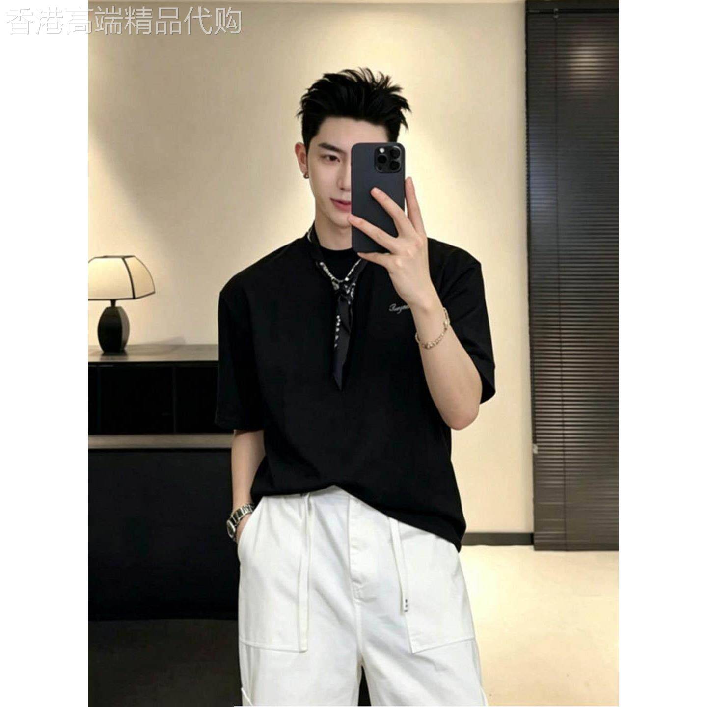 潮牌美式设计感正肩半袖型男穿搭夏季痞帅氛围感丝巾短袖宽松T恤